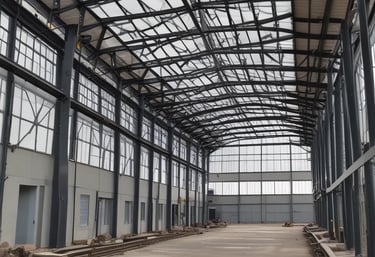 A large concrete hydroelectric power station structure is reflected in a calm body of water. The building features multiple large, square openings and is surrounded by electrical infrastructure, including visible power lines and towers. The sky is clear with a bright blue tone, suggesting a sunny day. Hills and greenery are visible in the background.