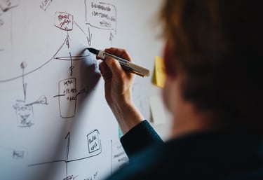 a man draws a complex flow chart