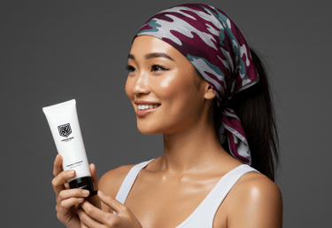 Joyful woman holding YESHUA Skin Vitamin C Cleanser