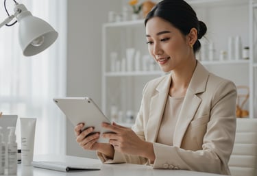a woman in a suit and a tablet computer