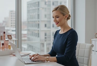 a woman in a blue dress is sitting at a desk