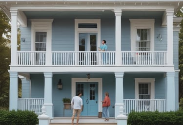Three workers are painting the exterior of a building with a weathered wooden facade in a light mint green color. They are wearing white uniforms with logos on the back. The building has large white script letters spelling out 'Bar & Grill.' A ladder is leaning against the wall, and the sign appears to be in the process of being refurbished.