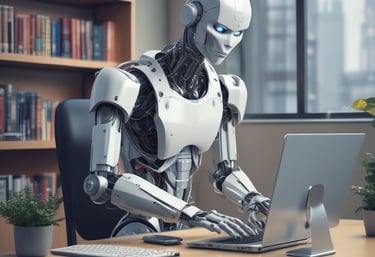 A small, round robot with a smooth white surface and blue accents operates a blue laptop on a sleek, floating platform. The robot has glowing eyes and an antenna on its head, with an 'AI' emblem on its front.