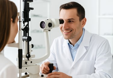 A smiling optometrist assists a patient in a bright, modern Burnaby clinic.