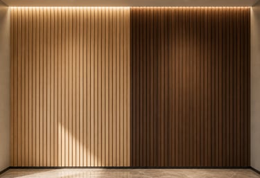 Modern interior design featuring light and dark wood slat wall panels with recessed cove lighting.