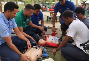 A person wearing a full diving suit, including a mask and fins, is carrying a large oxygen tank with a red fish logo on their back. The scene is set against a bright white building with red doors and an arched entrance, bathed in warm sunlight.