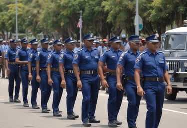 A collection of scuba diving equipment, including flippers, breathing regulators, air cylinders, and gauges, is arranged on a textured blue surface. The gear has various labels and branding, including 'Scubapro' and 'Oceanic.'