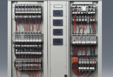 Close-up view of an electrical panel with a lockout tagout device attached. The panel is gray with multiple circuit breakers, and a red lock is secured with a Master Lock padlock for safety protocols.