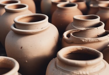 A collection of unique pottery pieces displayed on a rustic wooden table.