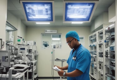 A technician inspecting medical equipment in a clean, well-lit workspace.