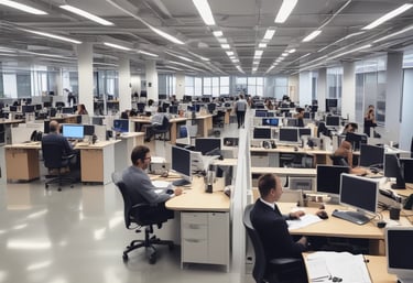 Close-up of a modern workspace with multiple screens displaying automation workflows.