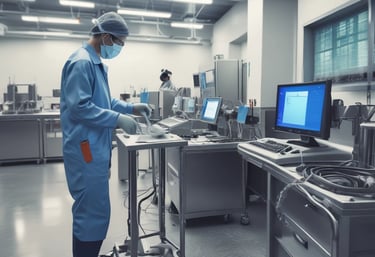 The interior of a factory or assembly line is visible, with several workstations lined up neatly. Each station contains white plastic enclosures with electronic components inside, suggesting an electronic manufacturing or assembly process. Overhead lighting and blue tool boards are present, with some orange coiled cords hanging down.