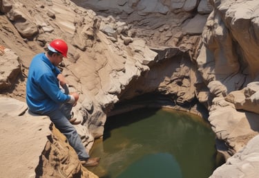 A geological survey team working in a natural landscape with equipment.