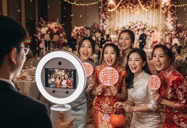 a group of people standing around a camera