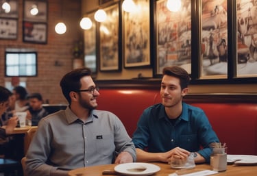 A bustling restaurant with many people seated at tables, engaging in conversation and eating. There is a variety of dishes on the tables, including leafy greens and rice. The room is bright, with natural light coming through large windows.
