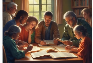 A church entrance with an outdoor setup featuring a canopy tent over a table and a wooden podium. The area is decorated with white chairs adorned with light blue ribbons, facing the podium. There's a large stained-glass window on the building façade and several benches lined up beneath it.