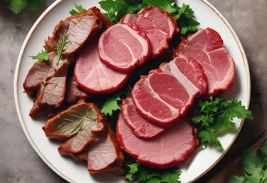 Several raw steak cuts of red meat with marbling are arranged in a neat, overlapping pattern. The meat appears fresh and ready for cooking.