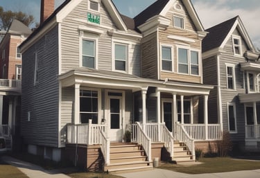 A cityscape with a real estate sign in the foreground, prominently displaying the name and phone number. Surrounding the sign are various buildings with different architectural styles, some with scaffolding and green netting. The scene features a mix of older, worn structures alongside modern glass-fronted buildings. Power lines and construction materials add to the urban complexity.