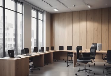 A dimly lit room features a prominent illuminated sign displaying the words 'Sysco LABS.' Below the sign are office desks with various electronic devices, including laptops and cables. The lighting creates a cool and professional atmosphere.