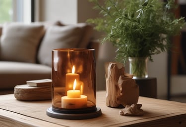 A flatlay of two round candles, one white and one dark orange, each with a face in relief on their surface. They rest on brown paper sprinkled with tiny glitter specks. Below the candles is a red and white mitten ornament with a small string attached.