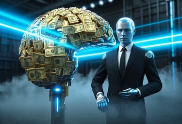 ai male robot business suit standing next to large brain made up of money representing spychology