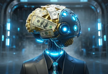 ai robot with a  brain made up of money representing ai and psychology in finance.