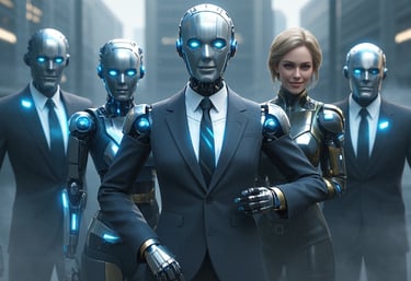 group of ai male and female robots business suits standing together supportive of each other  