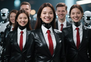 a group of people in suits and ties standing together as a group