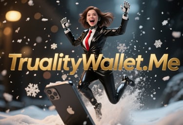 Ella jumping through the snow with the apps name trualitywallet.me 
