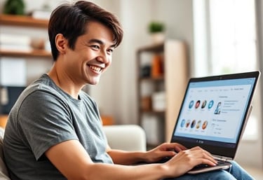 a man sitting on a couch with a laptop computer using humantalk ai