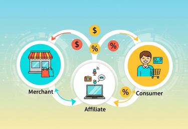  Illustration of the three key players in affiliate marketing: Merchant, Affiliate, and Consumer.