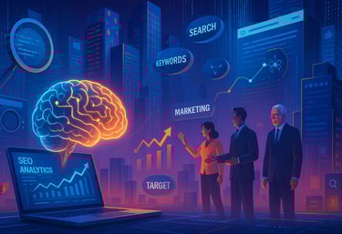 Futuristic AI-driven marketing scene with SEO data and a digital city skyline.