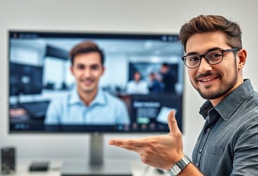 a man in glasses and a shirt is pointing at a video conference