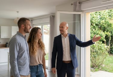 Conseiller immobilier accompagnant un couple lors de la visite d'une maison à Maurepas
