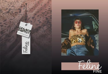 clothes tags and a woman showcasing feline fine clothing brand