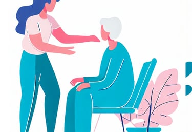 a woman in a chair with a woman helping her