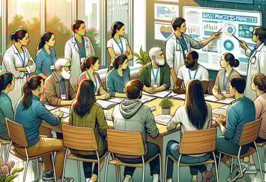 a group of people sitting around a table listening a teacher