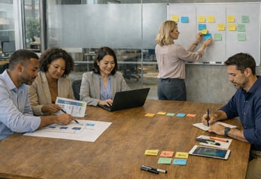 Equipe em reunião de gestão de processos para reestruturar fluxos, reduzir desperdícios e aumentar a