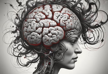 A vibrant and intricate visualization of a human form composed of neon-like light strands. The colors predominantly consist of reds, blues, and warm hues, creating an electrifying and dynamic effect. The structure resembles the nervous system, with a focus on the head and upper torso.