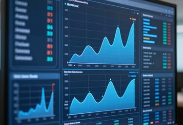 Close-up of a high-tech data visualization screen with vibrant blue charts and graphs, shot in a North American / US corporate office.