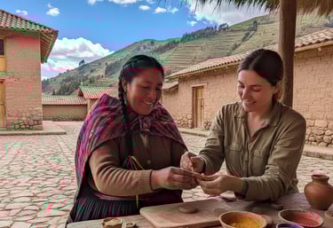 Indígena Cusqueña de raiz nativa enseñando cerámica en frío a extranjera