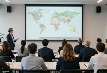 A wide angle shot of a diverse team of professionals in a bright conference room, watching a virtual 3D projection. International / Global.