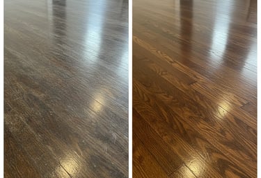 Before and after comparison of dark oak hardwood floor refinishing and professional polishing.
