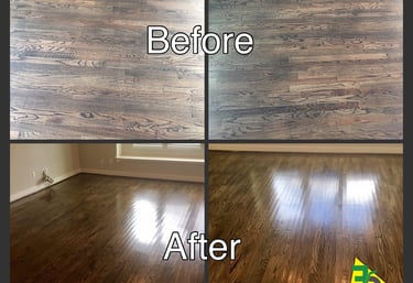 Before and after comparison of professional hardwood floor refinishing and polishing.