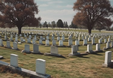 A serene view of the cemetery’s rolling grassy hills bordered by tall, mature trees under a clear sky.