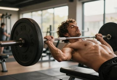 A powerful action shot of a person exercising in a high-end Brazilian gym environment, focusing on muscle movement and strength, warm natural lighting, high contrast.
