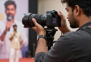 Behind the scenes at an event coverage shoot in South Asia / India, photographer framing a speaker on stage with high-end camera lens.