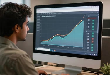 A South Asian / Indian digital marketer analyzing performance growth metrics on a desktop monitor in a contemporary scandinavian agency workspace.
