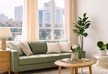 Modern living room interior design in Miami with sage green sofa, custom beige curtains, and abundant natural light