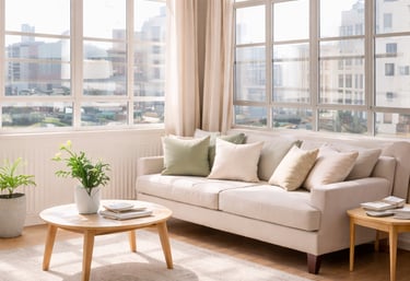Bright modern living room in Miami featuring beige sofa, floor-to-ceiling windows, custom window treatments.